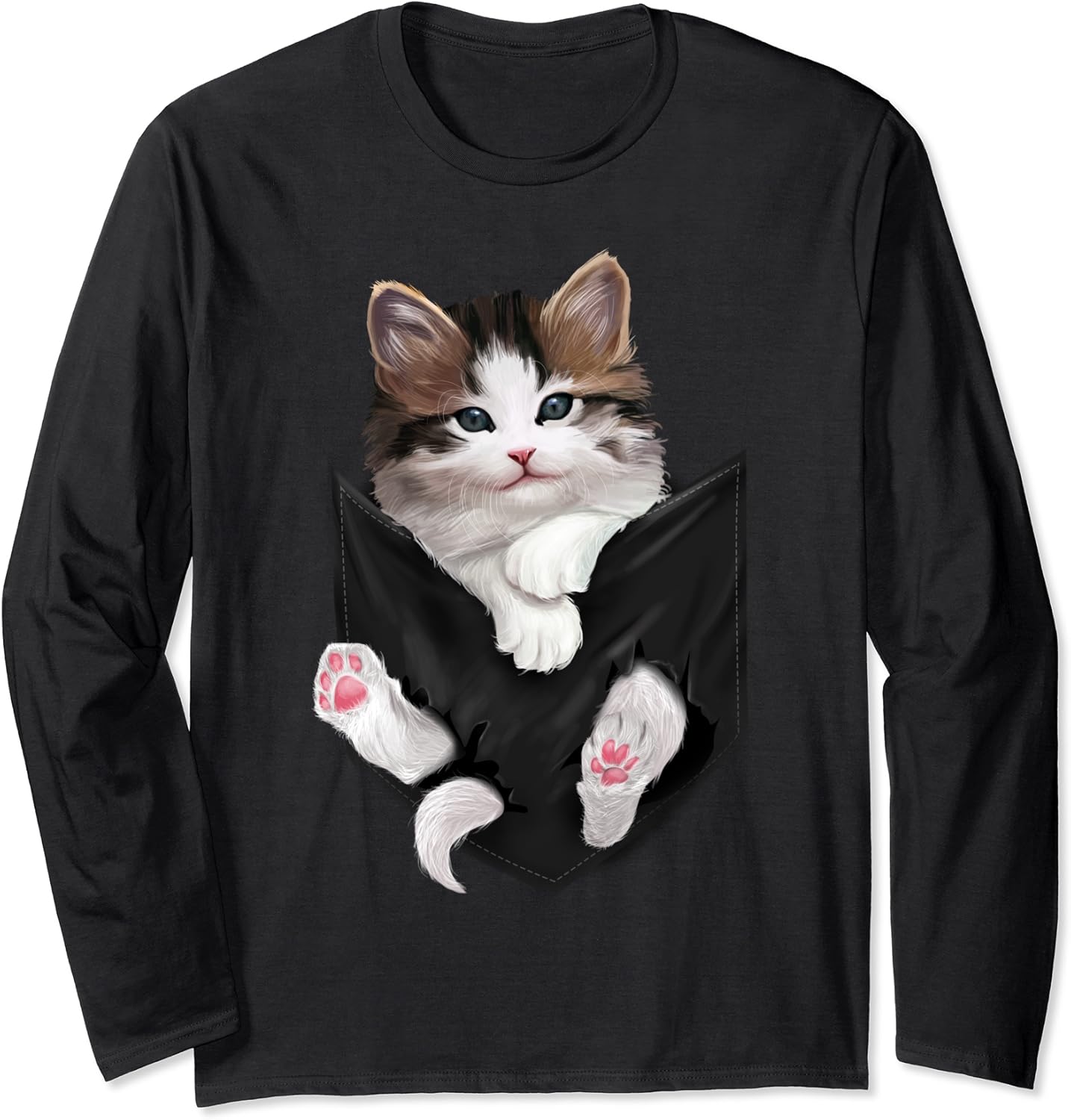 Adorable White Cat Pocket Long Sleeve TShirt Amazon.co.uk Fashion